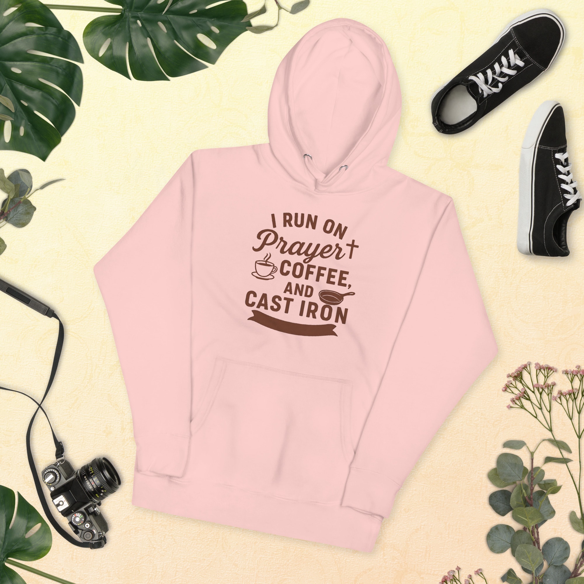 I Run on Prayer, Coffee & Cast Iron Hoodie - Light Pink