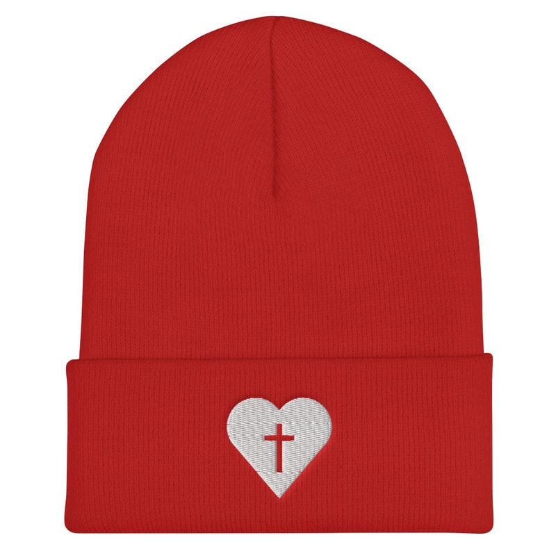 Heart & Cross Christian Beanie - Red