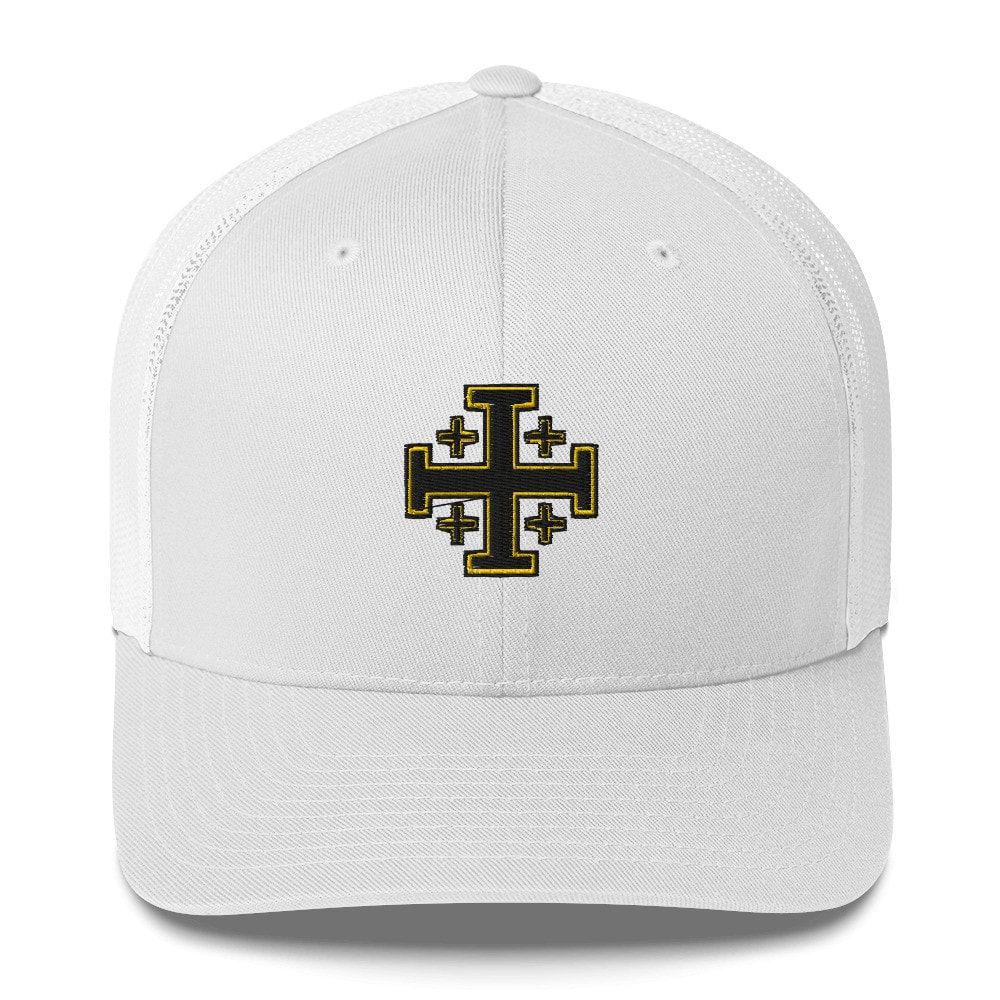 Gold Jerusalem Cross Trucker Hat - White