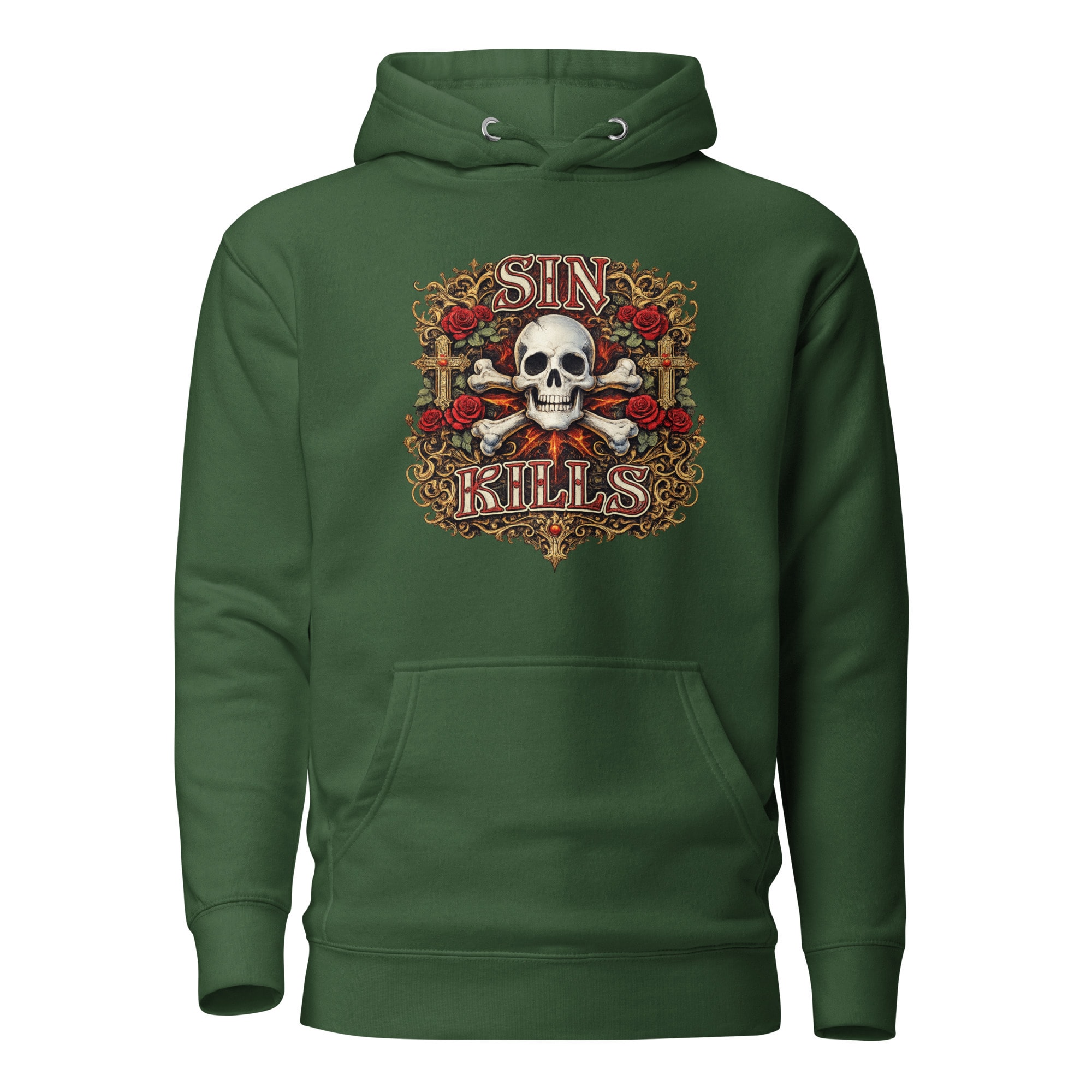 Sin Kills Skull & Roses Hoodie - Forest Green