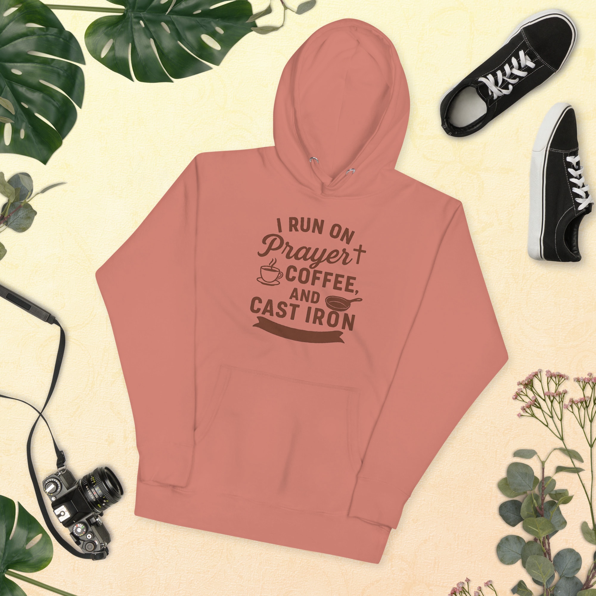 I Run on Prayer, Coffee & Cast Iron Hoodie - Dusty Rose