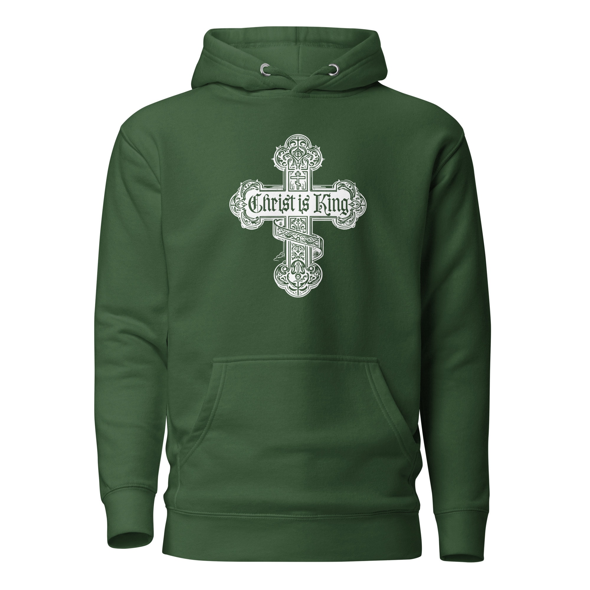 Christ Is King Ornate Cross Hoodie - Forest Green