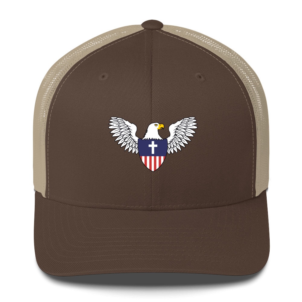 Christian Nationalist Eagle Shield Trucker Hat + 1 Year GabPRO - Brown/ Khaki