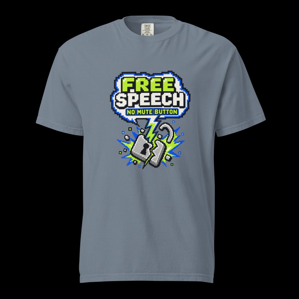 No Mute Button 8-Bit Free Speech T-Shirt - Blue Jean - front