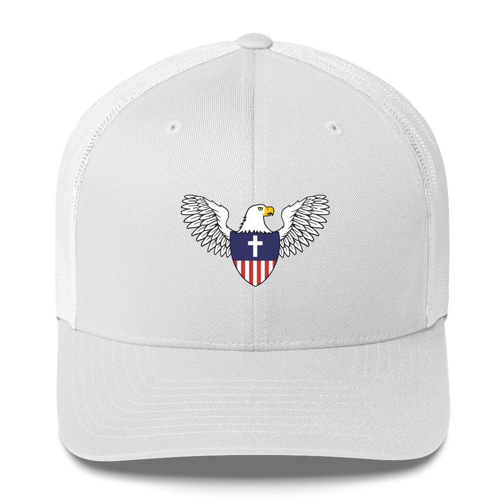 Christian Nationalist Eagle Shield Trucker Hat + 1 Year GabPRO - White