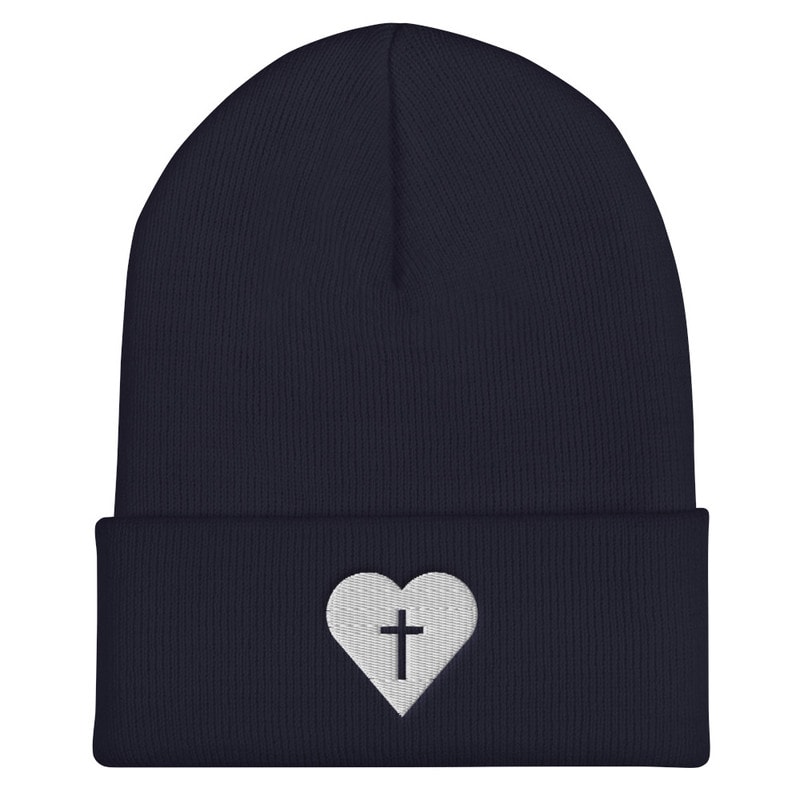 Heart & Cross Christian Beanie - Navy